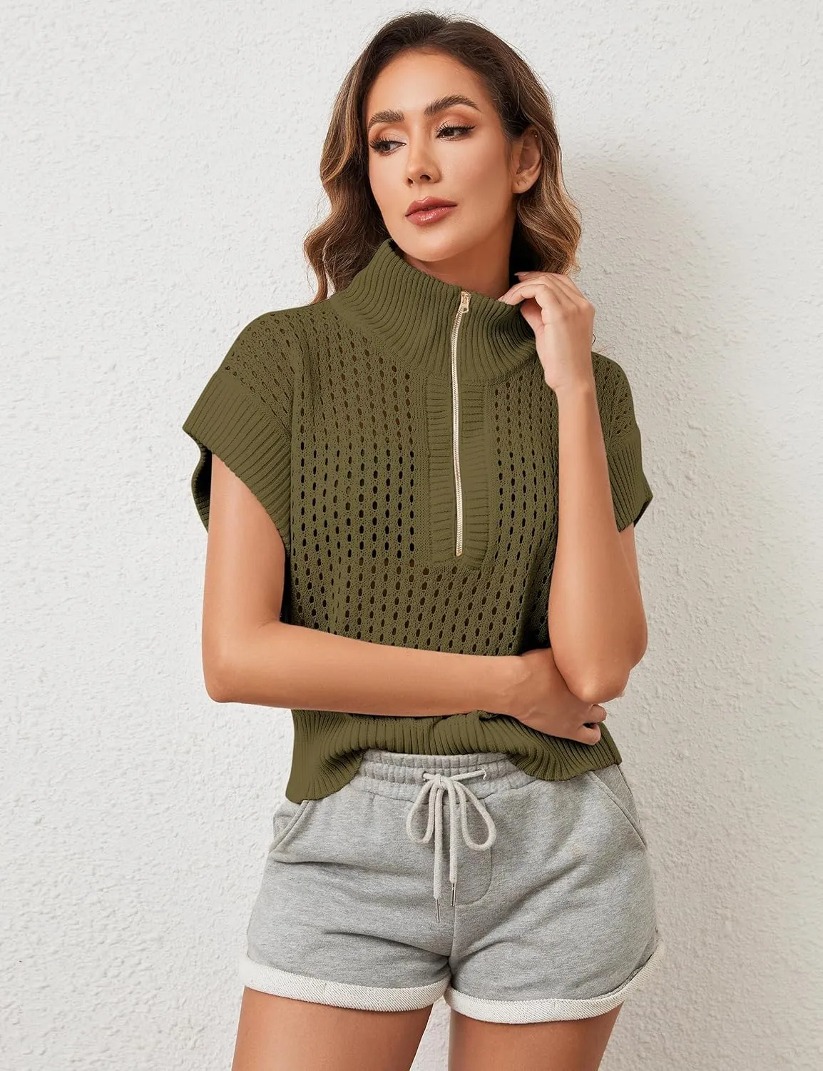 Womens Oversized Crochet Sweater Quarter Zip Cap Sleeve Tops Lightweight Hollow Out Spring Sweater Pullover Tops