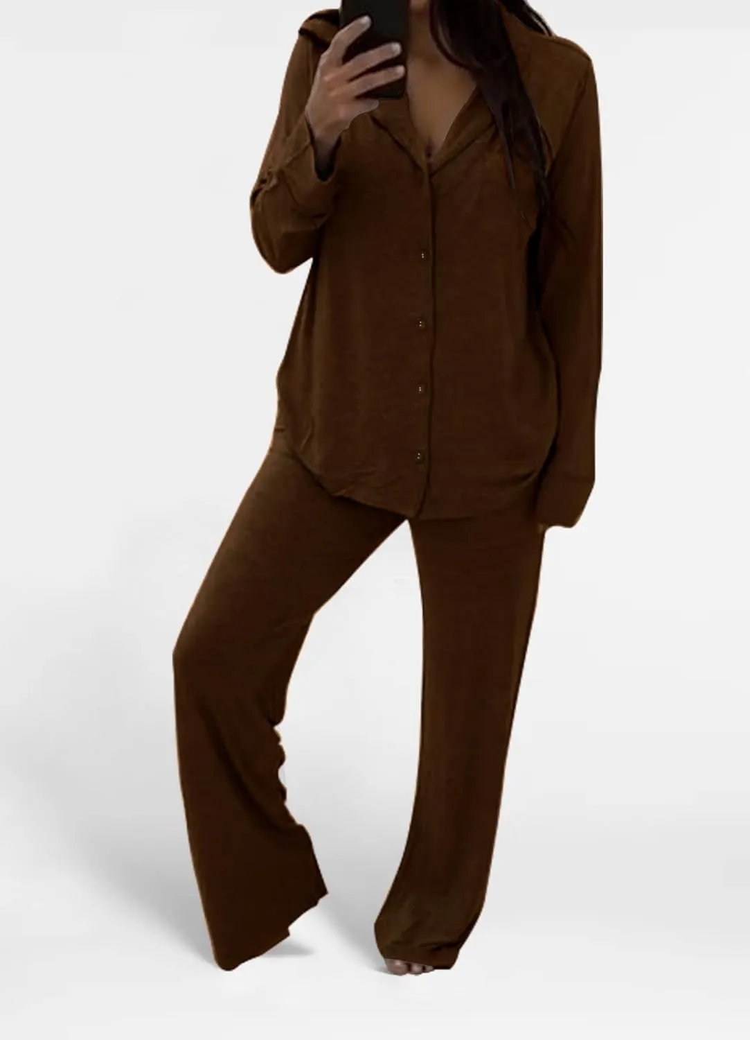 Womens Pajama Sets 2 Piece Button Down Long Sleeve Soft Knitted Sleepwear Pjs Lounge Sets Nightwear