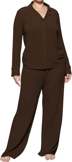 Womens Pajama Sets 2 Piece Button Down Long Sleeve Soft Knitted Sleepwear Pjs Lounge Sets Nightwear