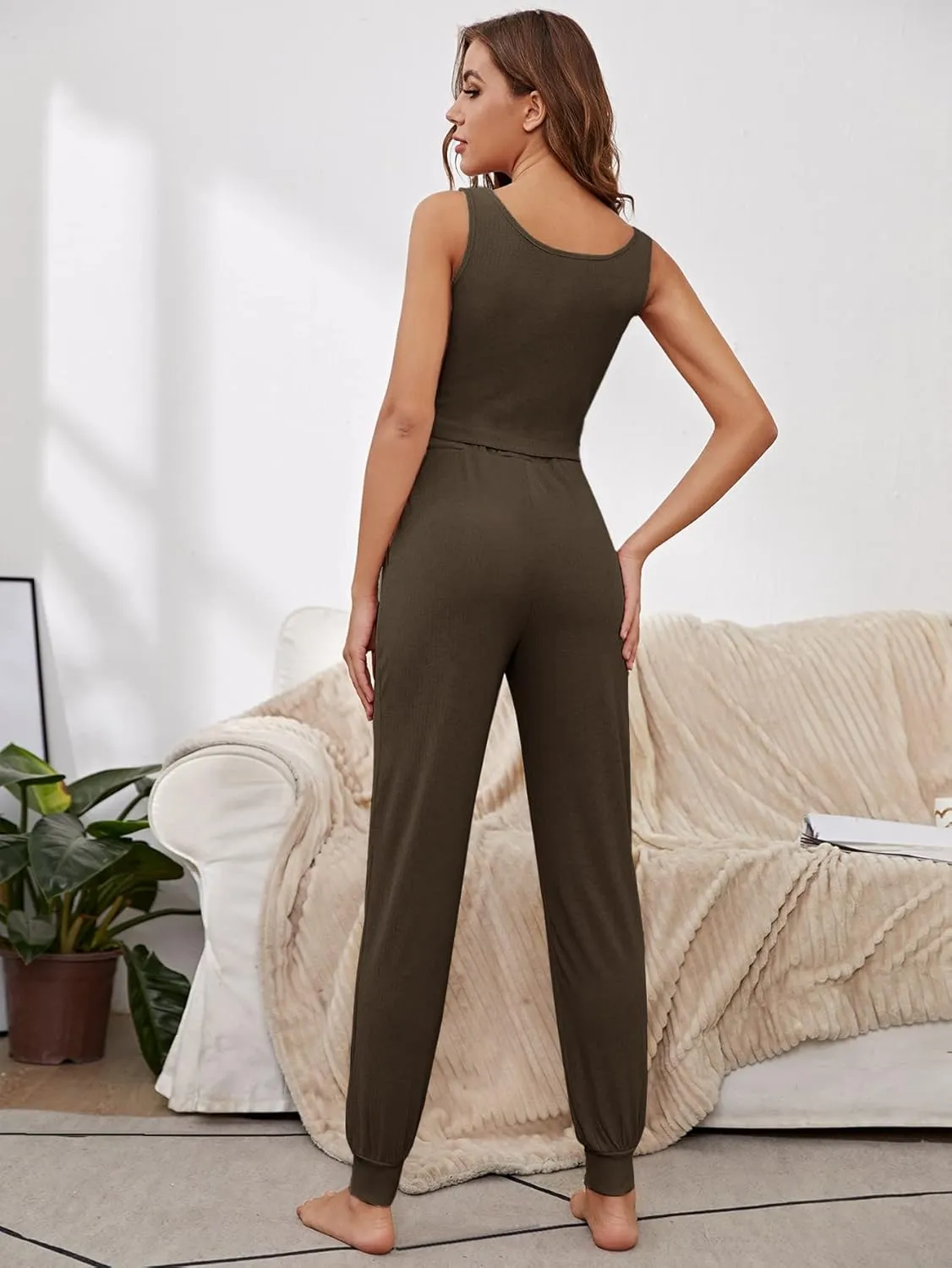 Women's Pajama Sets 2 Piece Outfits Ribbed Sleeveless Crop Tank Top Long Pants Loungewear Set for Women