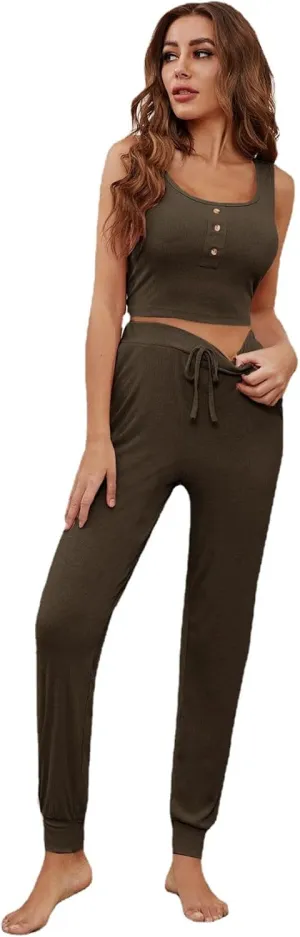 Women's Pajama Sets 2 Piece Outfits Ribbed Sleeveless Crop Tank Top Long Pants Loungewear Set for Women