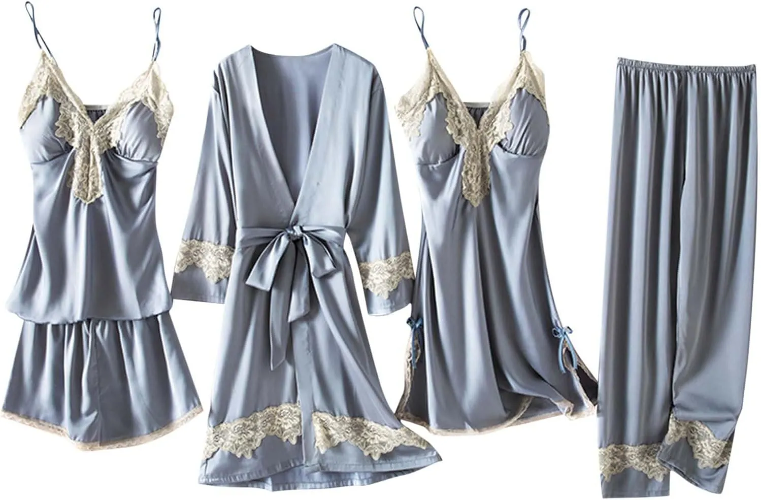 Womens Pajama Sets 5pcs Silk Sleepwear Loungewear Cute Sexy Lingerie Set Satin Robe Cami Pajamas Sets