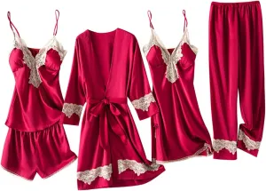 Womens Pajama Sets 5pcs Silk Sleepwear Loungewear Cute Sexy Lingerie Set Satin Robe Cami Pajamas Sets