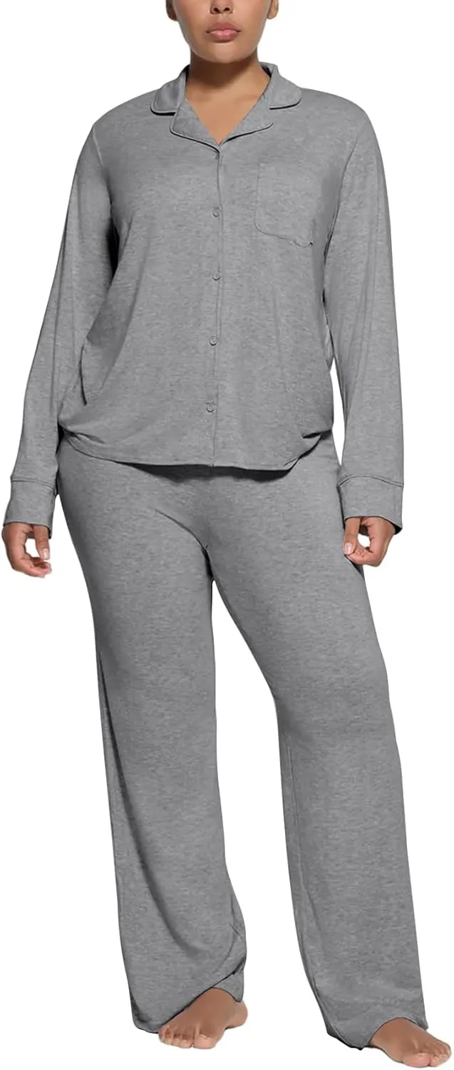 Women's Pajama Sets Long Sleeve Button Down Soft Knit Sleepwear 2 Piece Lounge Set