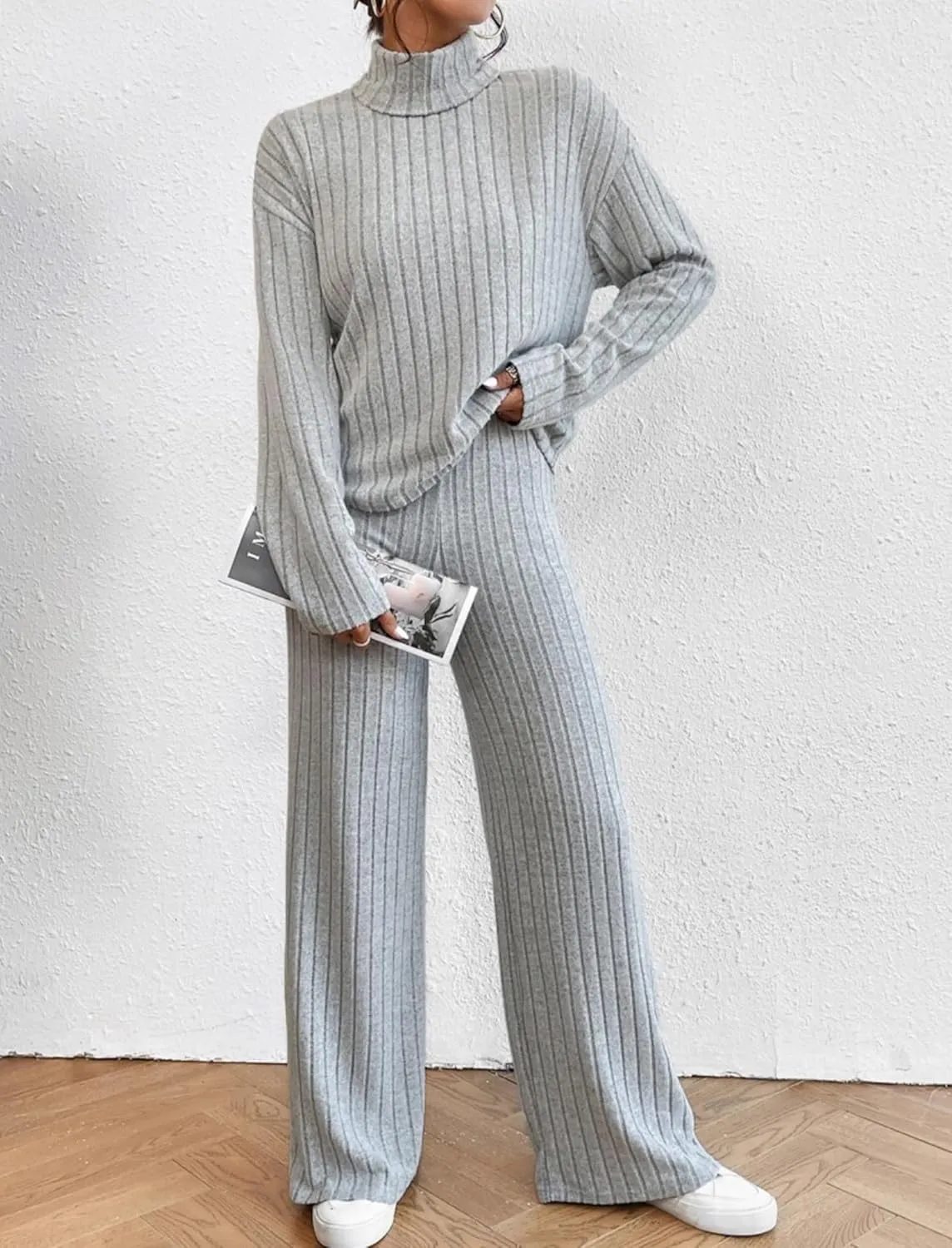 Women's Pajama Sets Turtleneck Long Sleeve 2 Piece Lounge Sets Ribbed Knit Sweater Sleepwear 2024 Pjs with Pockets