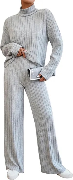 Women's Pajama Sets Turtleneck Long Sleeve 2 Piece Lounge Sets Ribbed Knit Sweater Sleepwear 2024 Pjs with Pockets