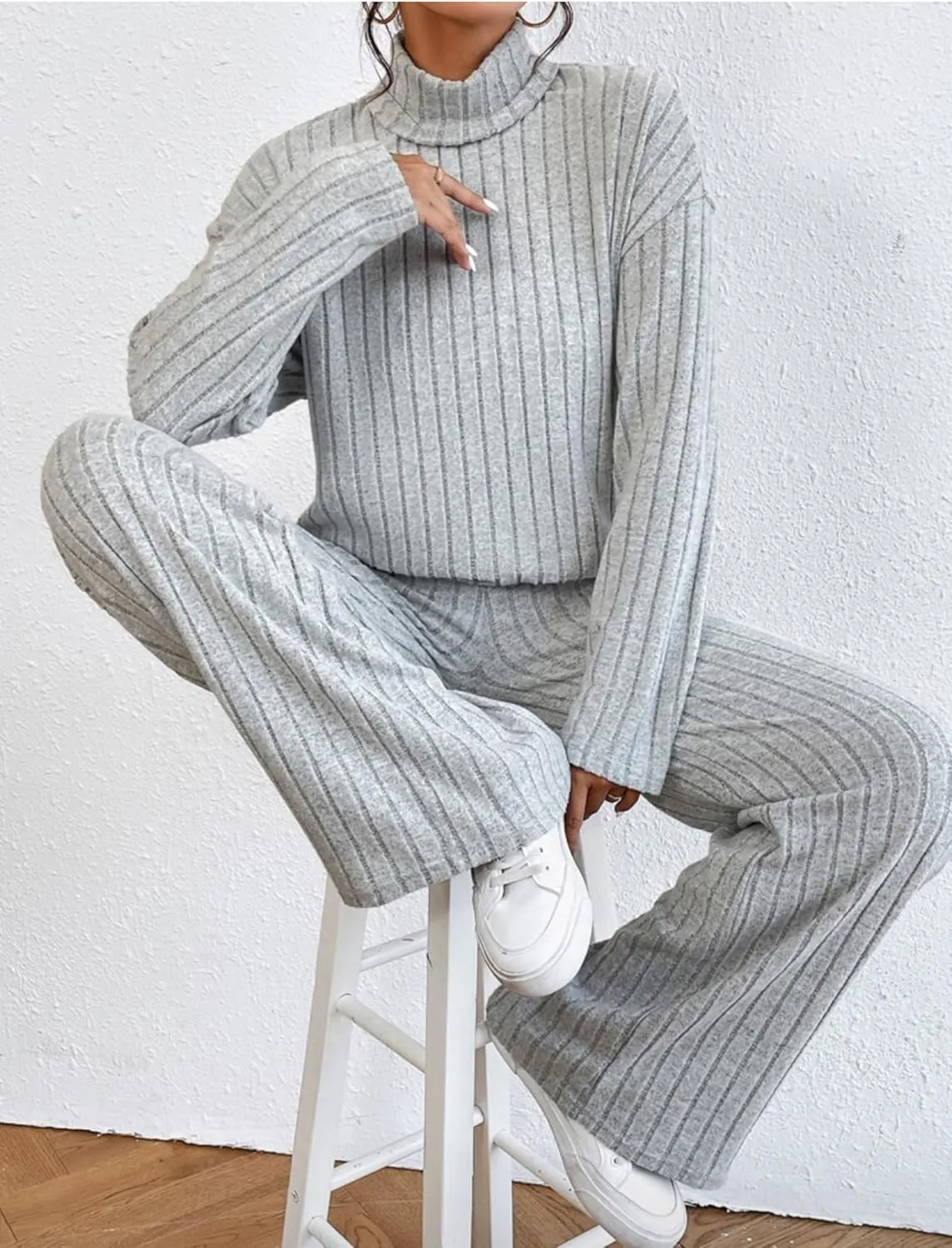 Women's Pajama Sets Turtleneck Long Sleeve 2 Piece Lounge Sets Ribbed Knit Sweater Sleepwear 2024 Pjs with Pockets
