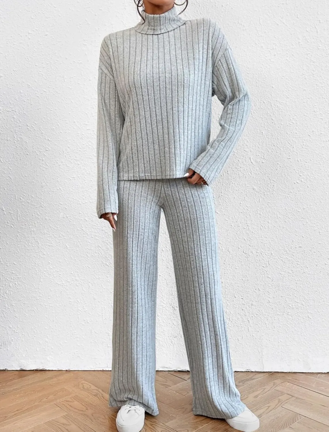 Women's Pajama Sets Turtleneck Long Sleeve 2 Piece Lounge Sets Ribbed Knit Sweater Sleepwear 2024 Pjs with Pockets