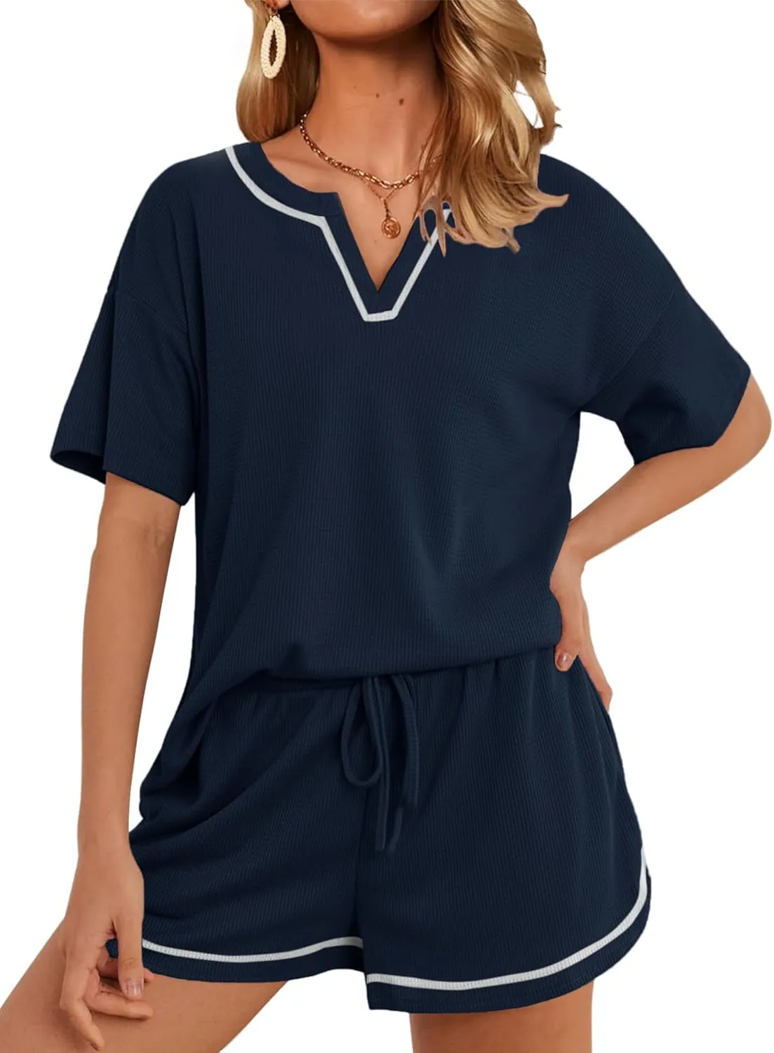 Womens Pajama Sets Waffle Knit Short Sleeve Tops and Shorts Matching Lounge Set Loungewear with Pockets S-XXL