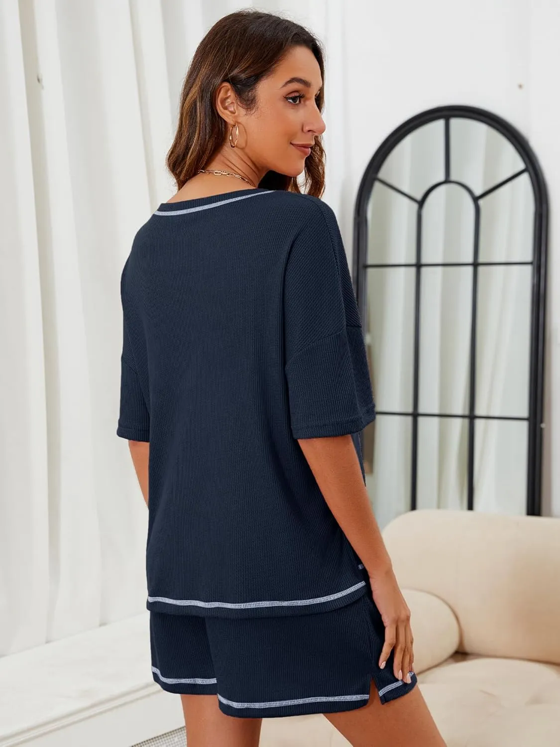 Womens Pajama Sets Waffle Knit Short Sleeve Tops and Shorts Matching Lounge Set Loungewear with Pockets S-XXL