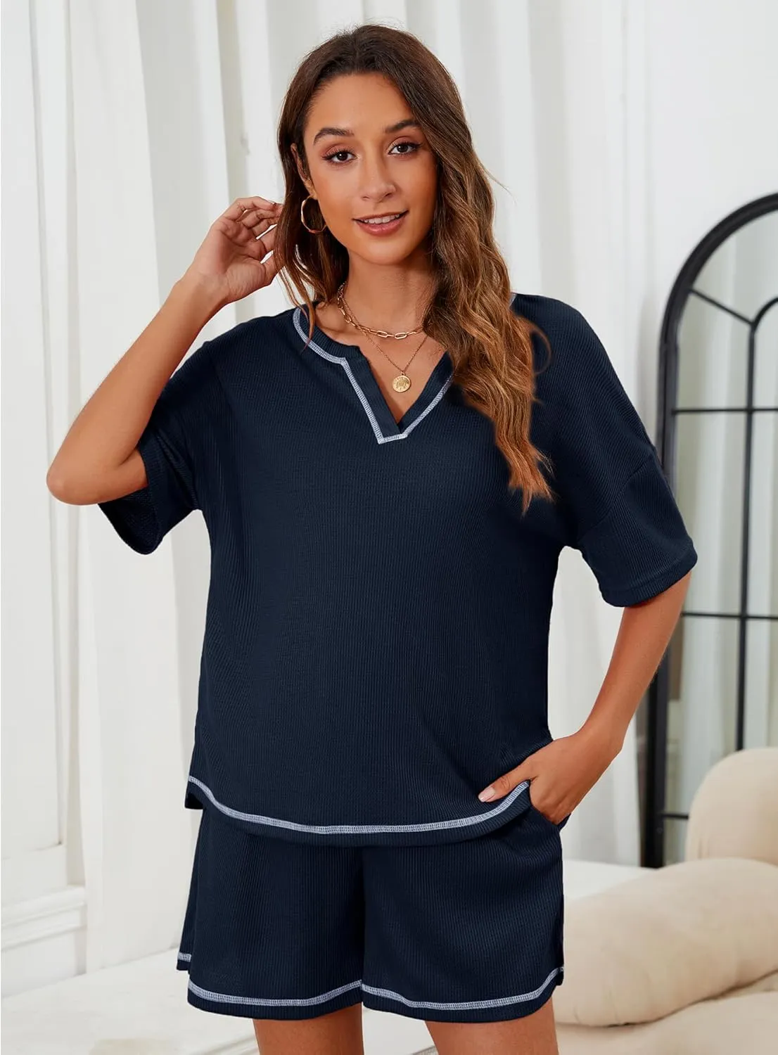 Womens Pajama Sets Waffle Knit Short Sleeve Tops and Shorts Matching Lounge Set Loungewear with Pockets S-XXL