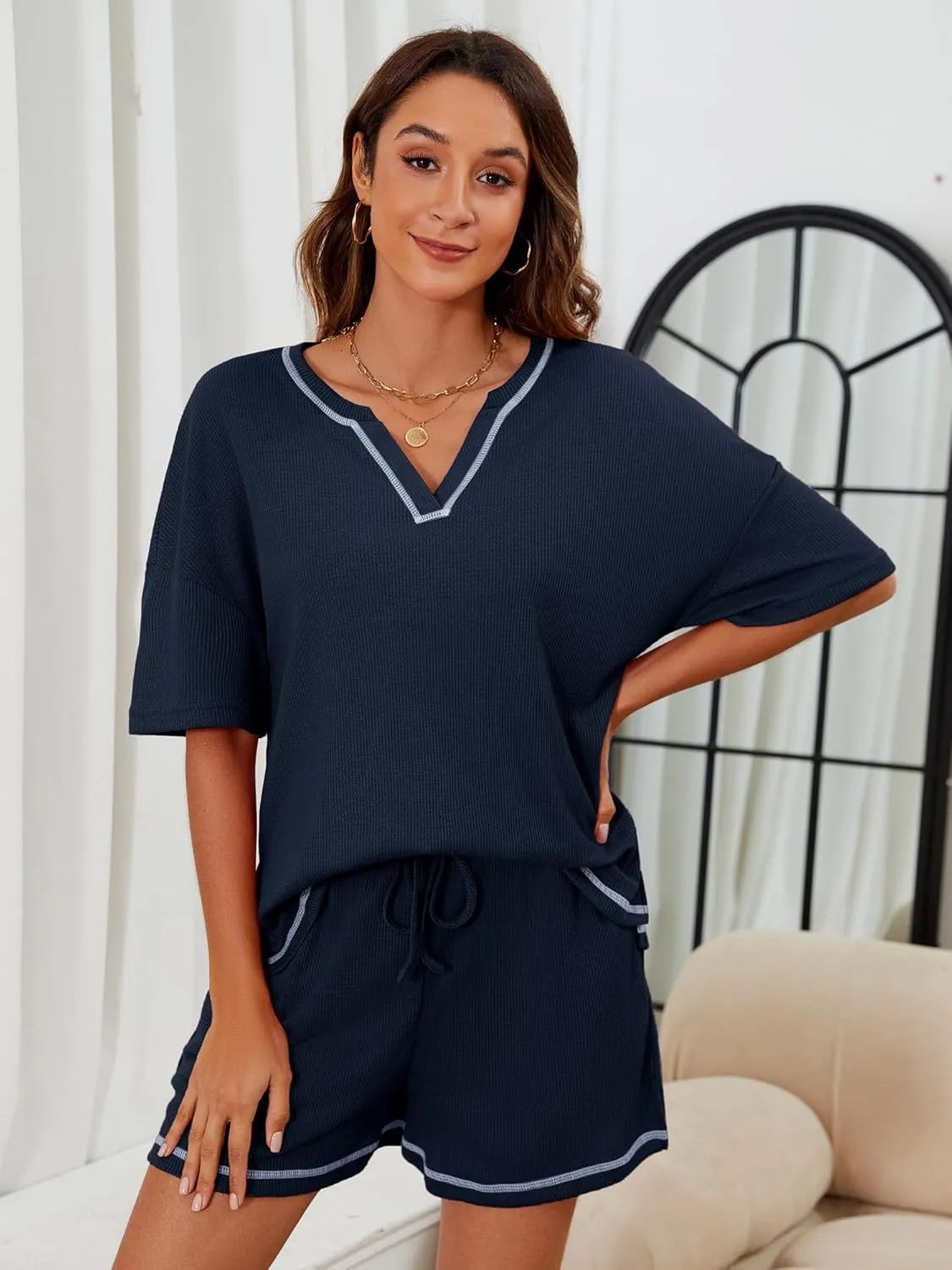 Womens Pajama Sets Waffle Knit Short Sleeve Tops and Shorts Matching Lounge Set Loungewear with Pockets S-XXL