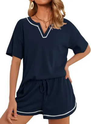 Womens Pajama Sets Waffle Knit Short Sleeve Tops and Shorts Matching Lounge Set Loungewear with Pockets S-XXL
