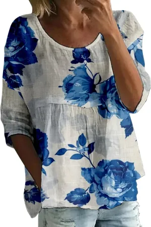 Women's Peasant Boho Tunic Tops 3/4 Length Sleeve Floral Print Round Neck Tee Shirt Trendy Loose Fit Flowy Blouses