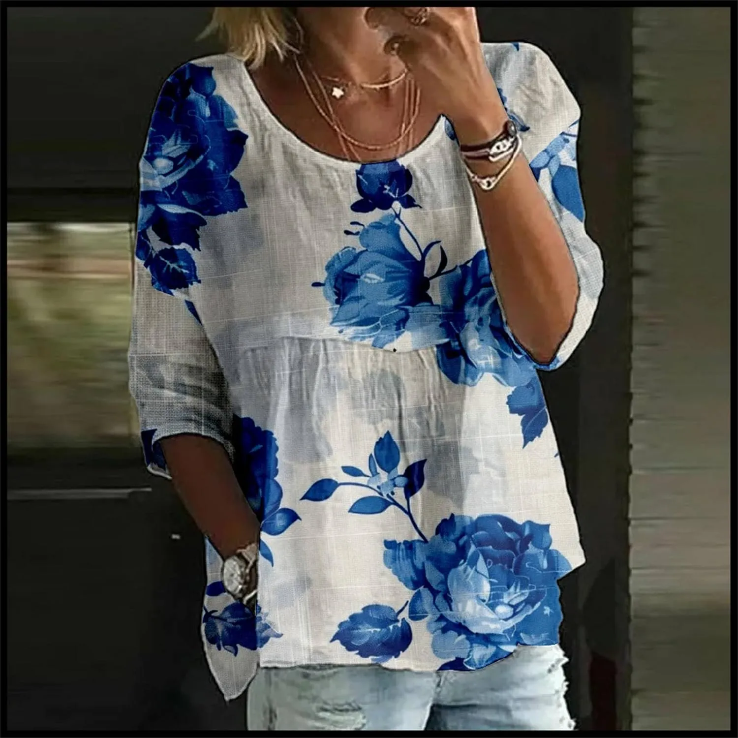 Women's Peasant Boho Tunic Tops 3/4 Length Sleeve Floral Print Round Neck Tee Shirt Trendy Loose Fit Flowy Blouses