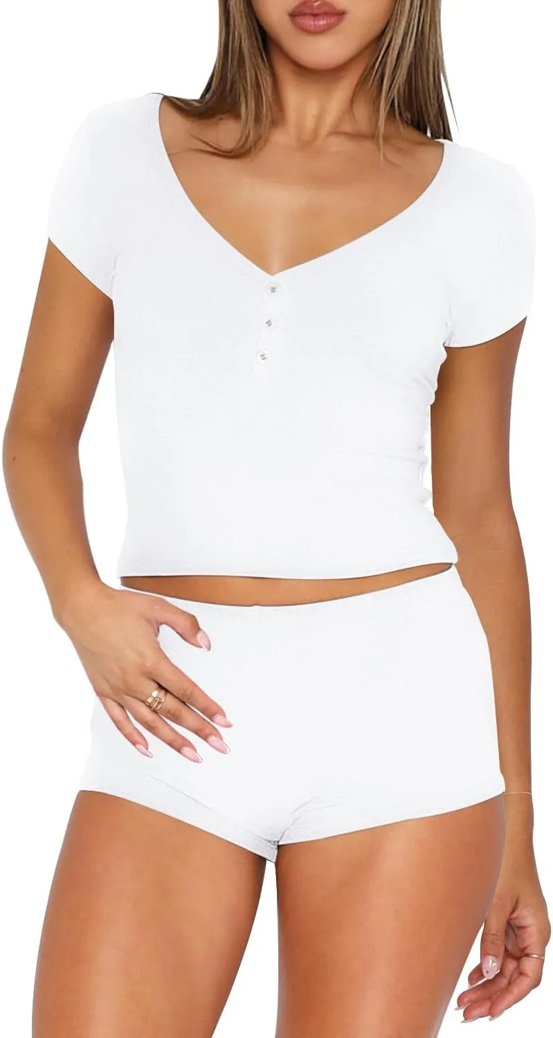 Womens PJ Set Two Piece Outfit Short Sleeve Tops and Shorts Matching Pajama Sets Ribbed Lounge Set