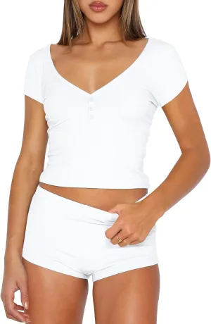 Womens PJ Set Two Piece Outfit Short Sleeve Tops and Shorts Matching Pajama Sets Ribbed Lounge Set