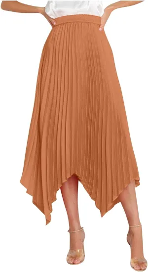 Women's Pleated Midi Long Skirt High Waisted Irregular Hem Solid Summer A-line Swing Flowy Skirts