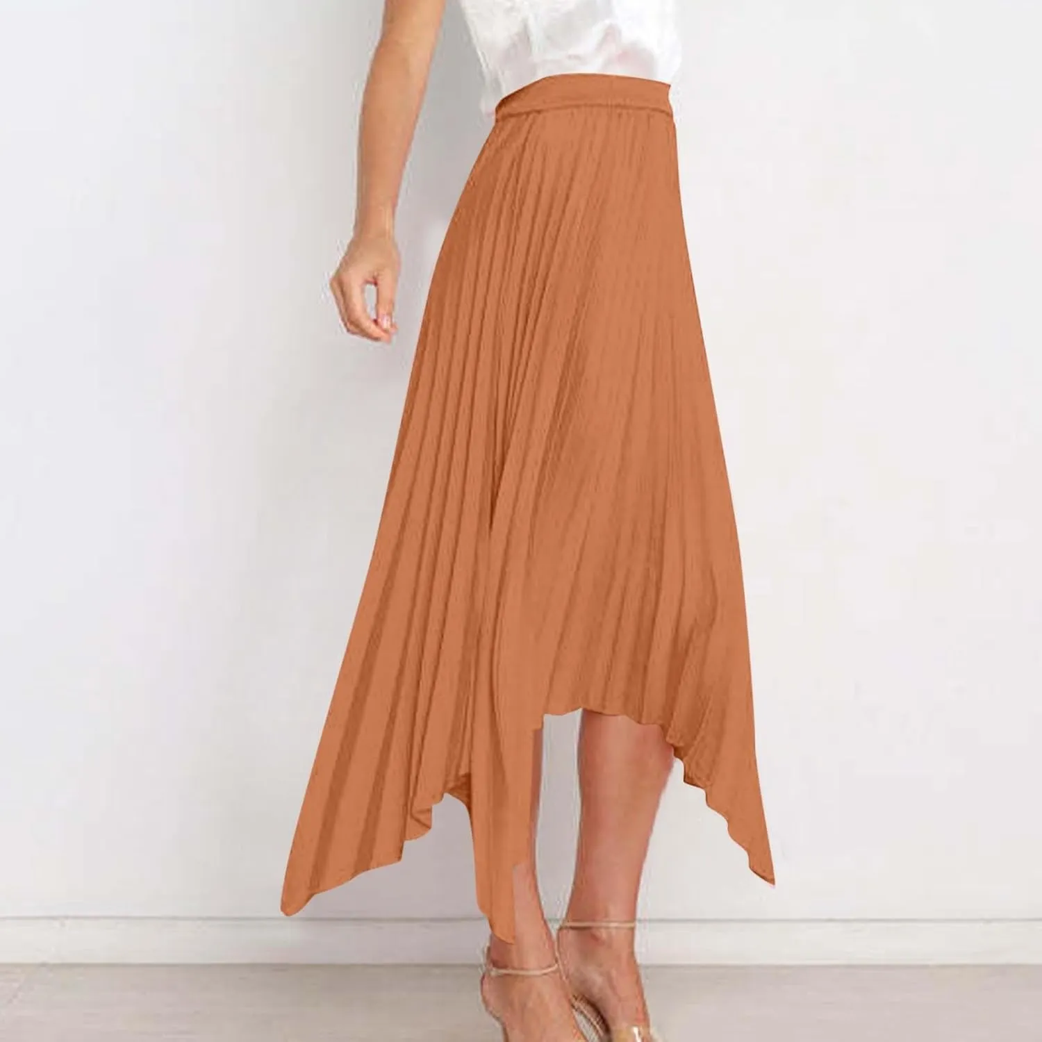Women's Pleated Midi Long Skirt High Waisted Irregular Hem Solid Summer A-line Swing Flowy Skirts