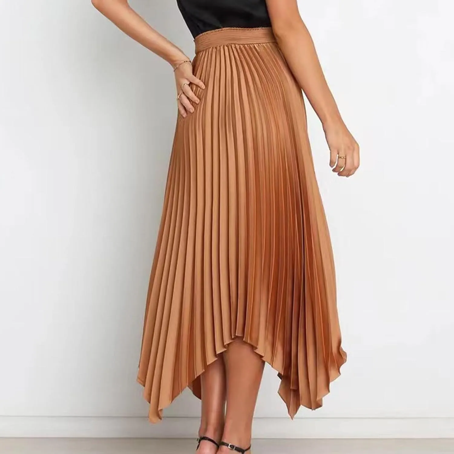 Women's Pleated Midi Long Skirt High Waisted Irregular Hem Solid Summer A-line Swing Flowy Skirts