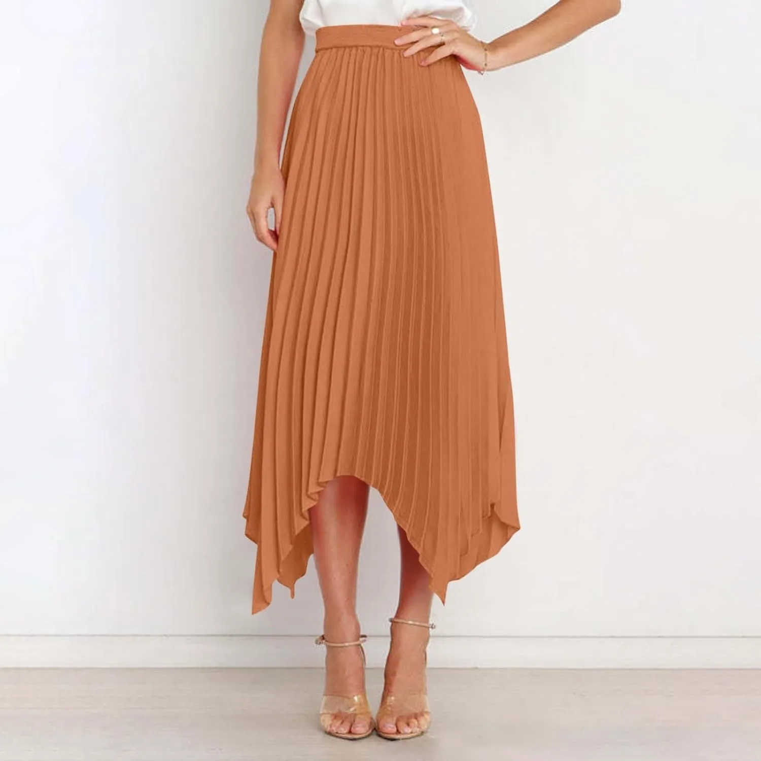Women's Pleated Midi Long Skirt High Waisted Irregular Hem Solid Summer A-line Swing Flowy Skirts
