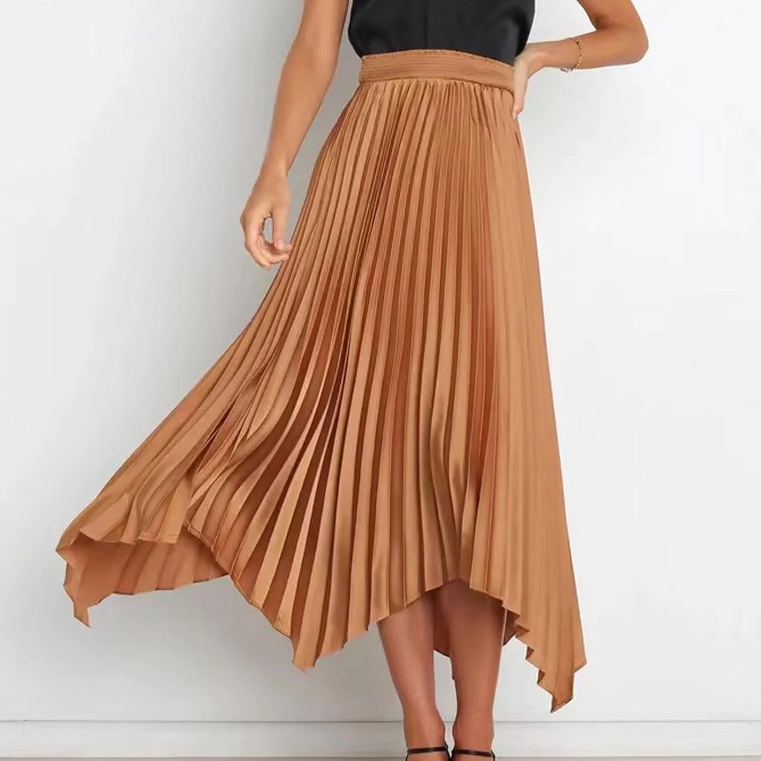 Women's Pleated Midi Long Skirt High Waisted Irregular Hem Solid Summer A-line Swing Flowy Skirts