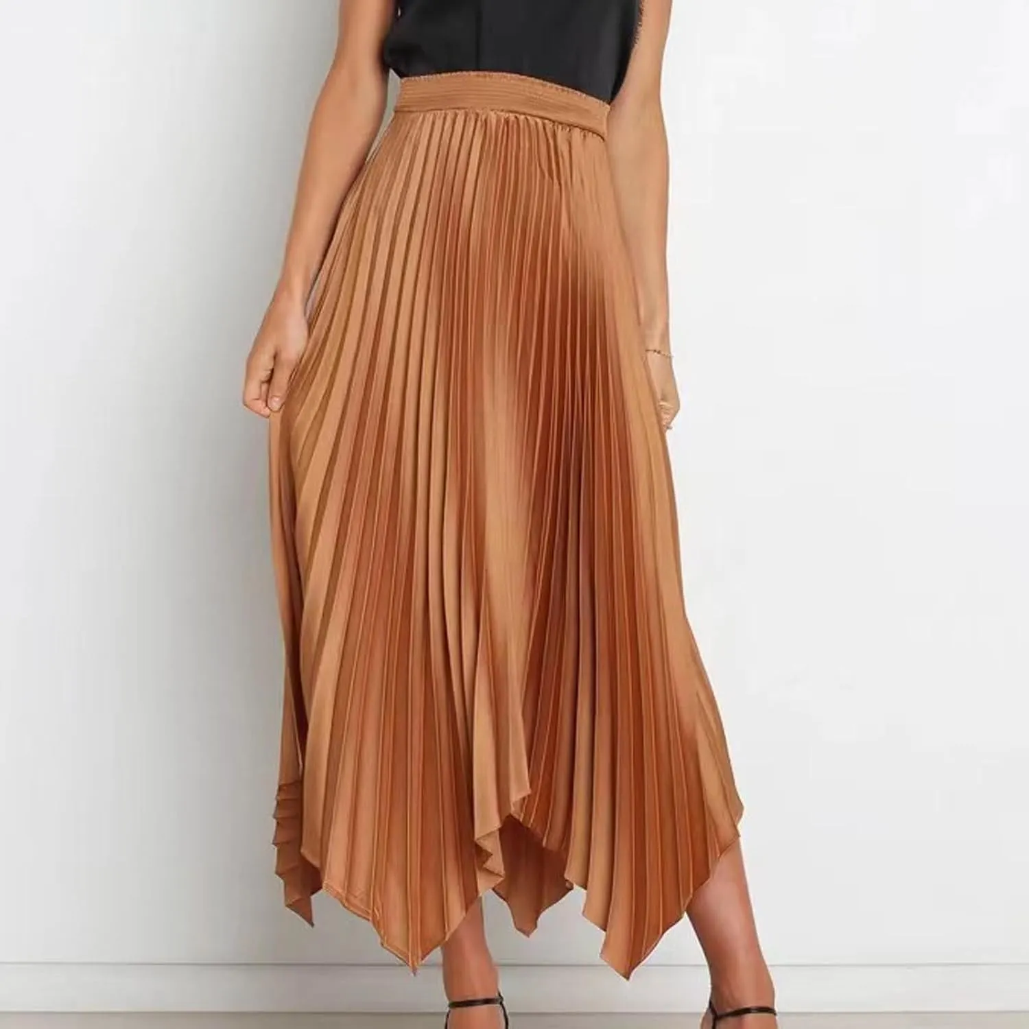 Women's Pleated Midi Long Skirt High Waisted Irregular Hem Solid Summer A-line Swing Flowy Skirts