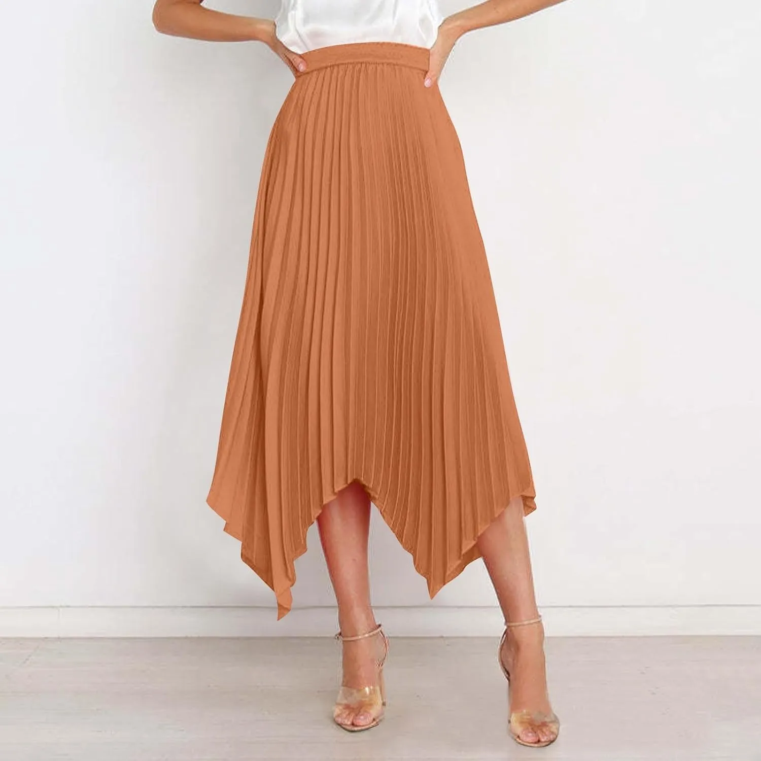 Women's Pleated Midi Long Skirt High Waisted Irregular Hem Solid Summer A-line Swing Flowy Skirts