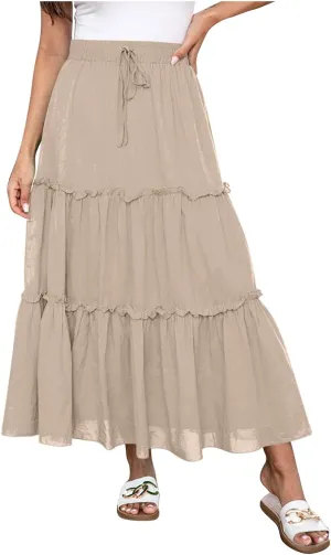 Women's Pleated Summer Maxi Skirts Casual Smocked Layered Tiered Boho Long Skirt High Waist A Line Dress