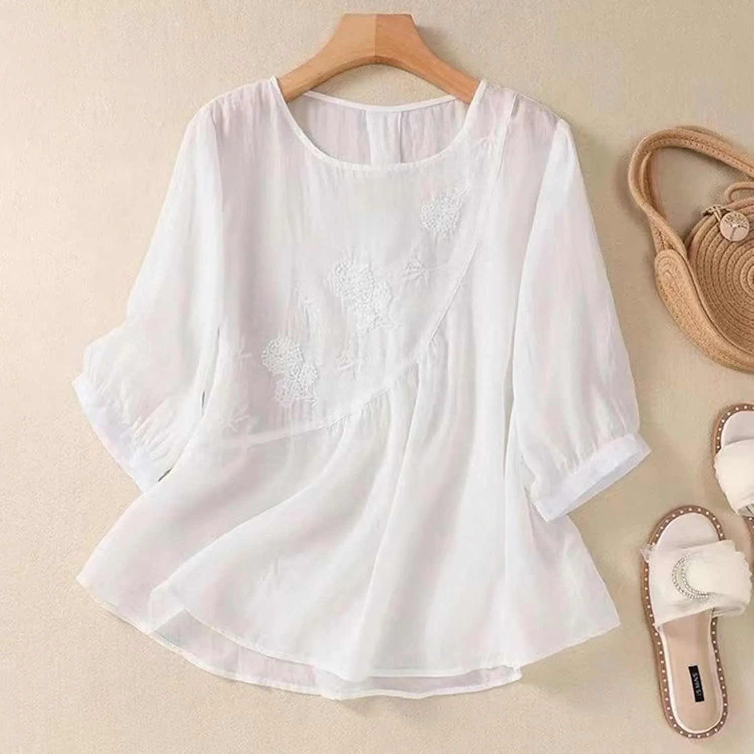 Womens Plus Size Button Down Shirt Trendy Fashion 3/4 Sleeve Crewneck Spaghetti Strap Tunic Top