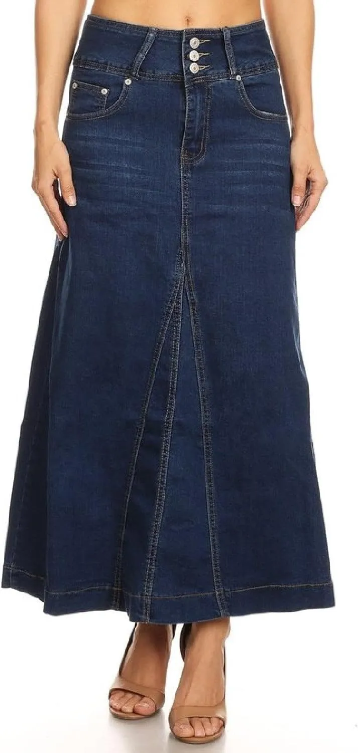 Women's Plus/Juniors Size High Rise A Line Long Jeans Maxi Flared Denim Skirt