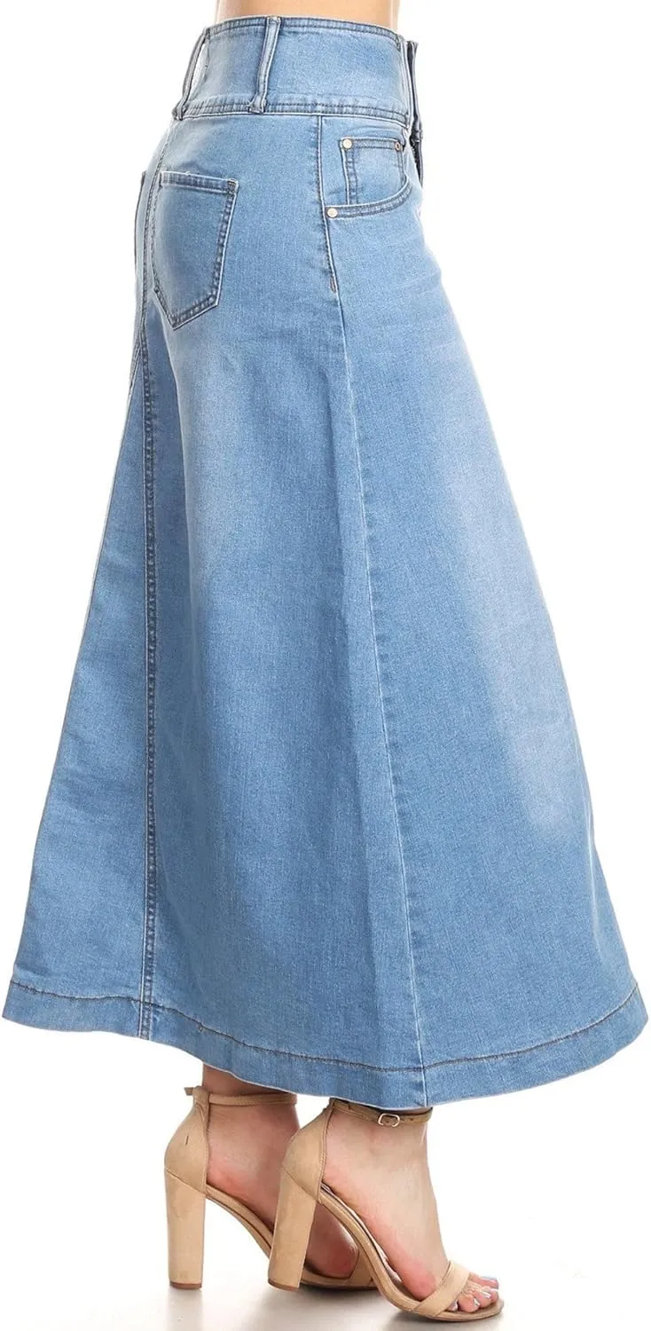 Women's Plus/Juniors Size High Rise A Line Long Jeans Maxi Flared Denim Skirt