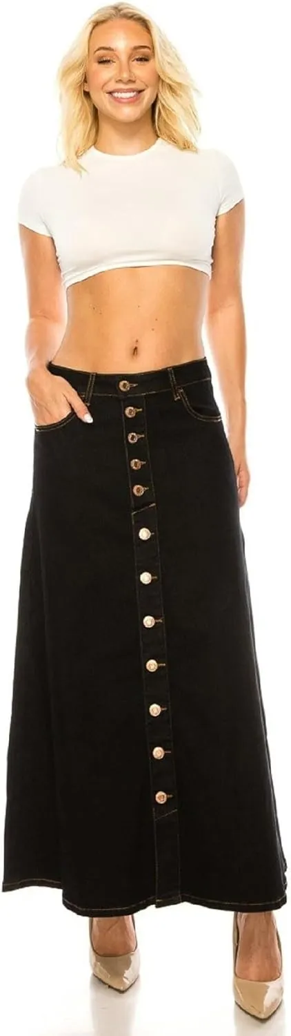 Women's Plus/Juniors Size High Rise A Line Long Jeans Maxi Flared Denim Skirt
