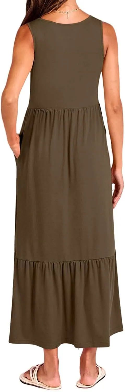 Women's Ruffled Midi Dresses Solid Color V-Neck Halter Casual Beach Sundress Pleated Tiered Vacation Boho Maxi Dress