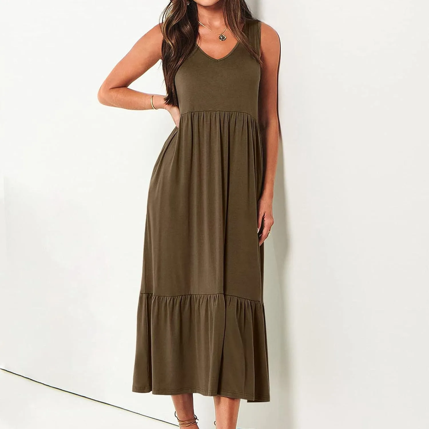 Women's Ruffled Midi Dresses Solid Color V-Neck Halter Casual Beach Sundress Pleated Tiered Vacation Boho Maxi Dress