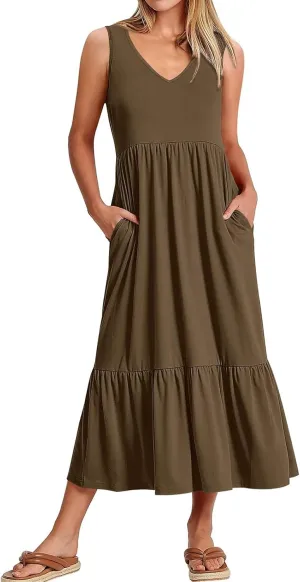 Women's Ruffled Midi Dresses Solid Color V-Neck Halter Casual Beach Sundress Pleated Tiered Vacation Boho Maxi Dress