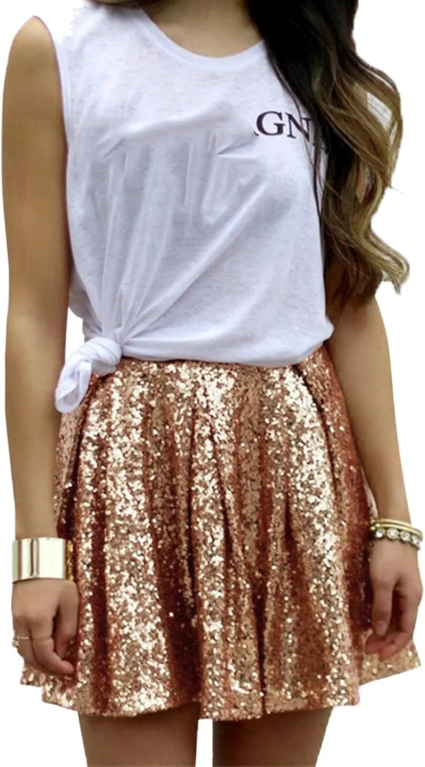 Womens Sequin Skirts Fashion High Waisted Pleated Skirts Holiday Party Sparkly Glitter Skirts 2025 Summer Trendy Skirts