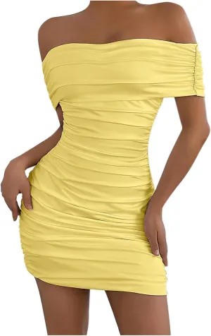 Women's Sexy Off Shoulder Sleeveless Bodycon Ruched Midi Elegant Cocktail Evening Party Night Tube Dress Cocktail Tube Dress