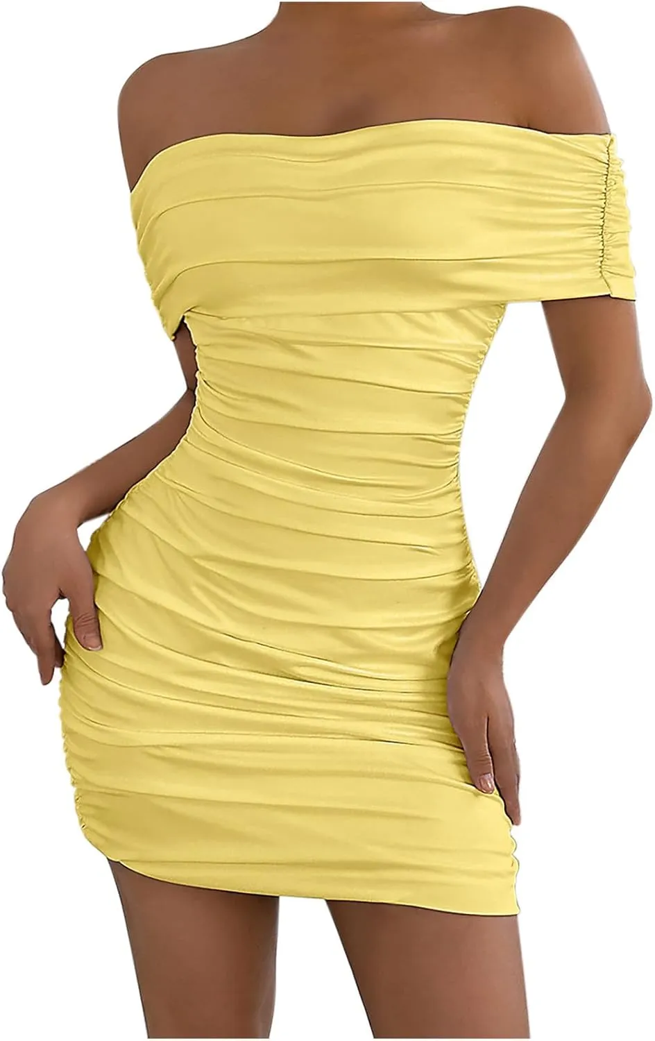 Women's Sexy Off Shoulder Sleeveless Bodycon Ruched Midi Elegant Cocktail Evening Party Night Tube Dress Cocktail Tube Dress