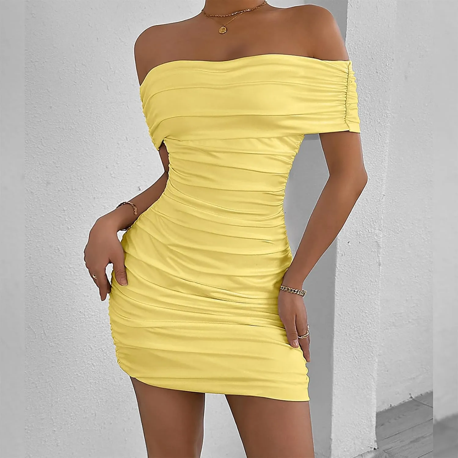 Women's Sexy Off Shoulder Sleeveless Bodycon Ruched Midi Elegant Cocktail Evening Party Night Tube Dress Cocktail Tube Dress