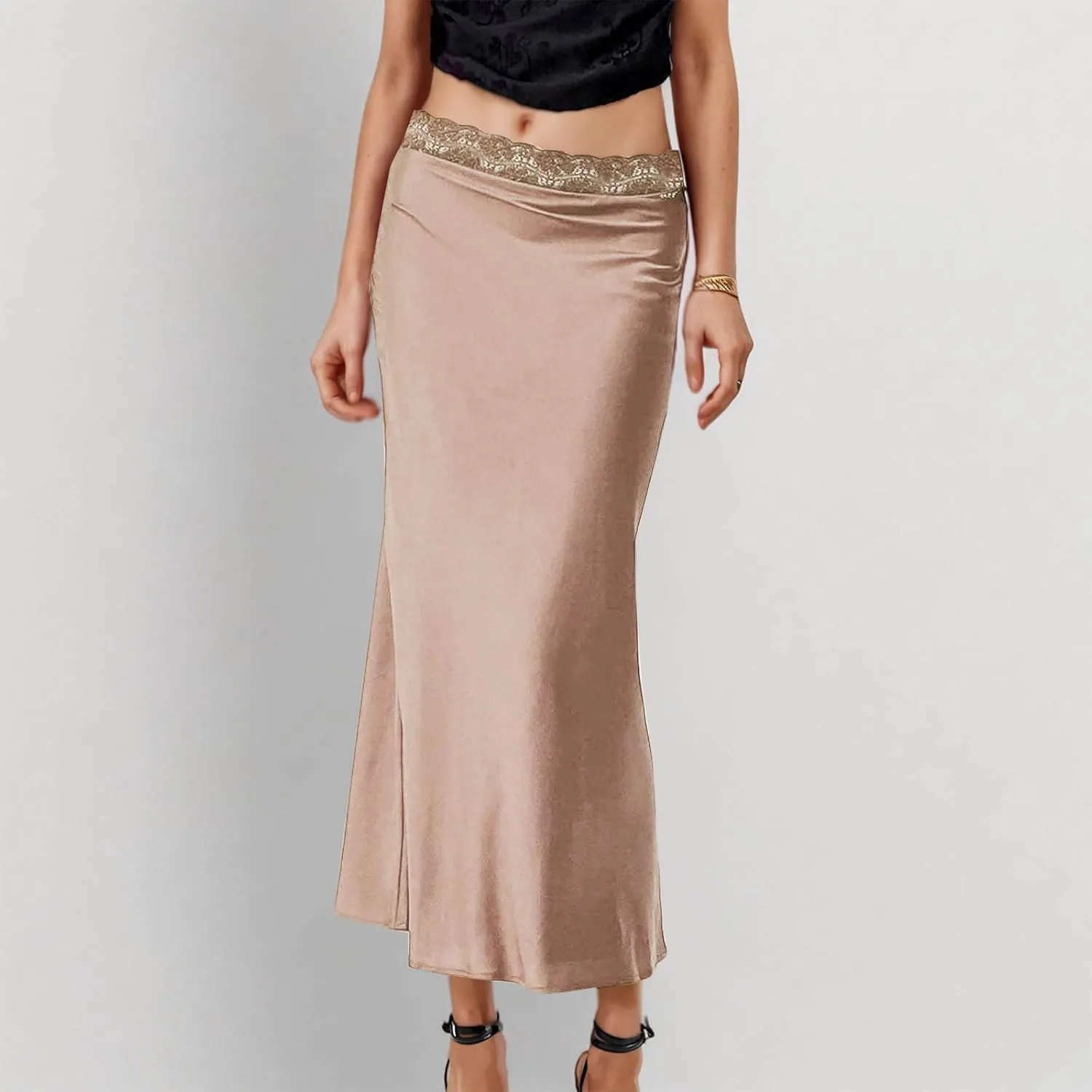 Women's Silk Satin Maxi Skirts Lace Midi Waist A Line Bodycon Long Skirt