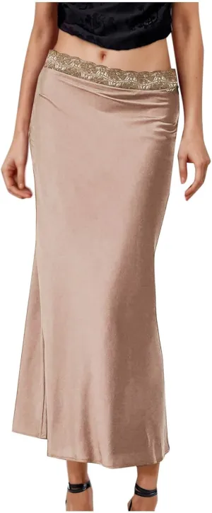 Women's Silk Satin Maxi Skirts Lace Midi Waist A Line Bodycon Long Skirt
