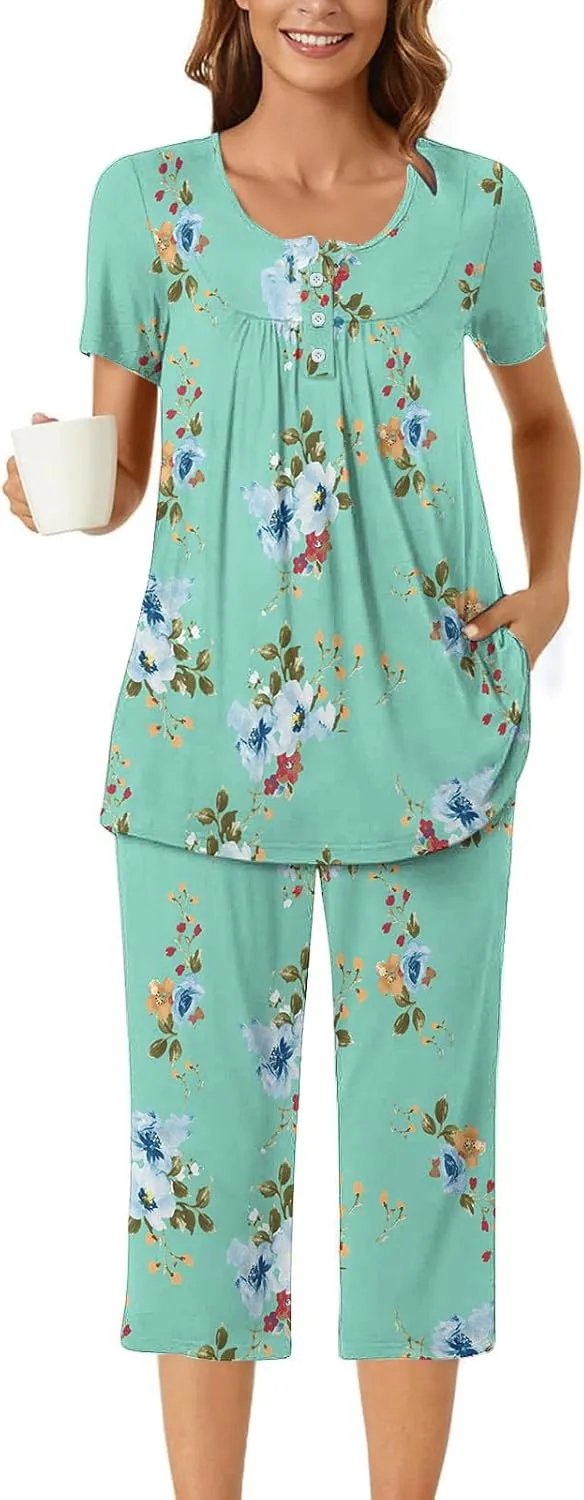 Women's Sleepwear Capri Pajama Sets Short Sleeve Two-Piece Pjs Round Neck Pleated Tops and Capri Pants with Pockets