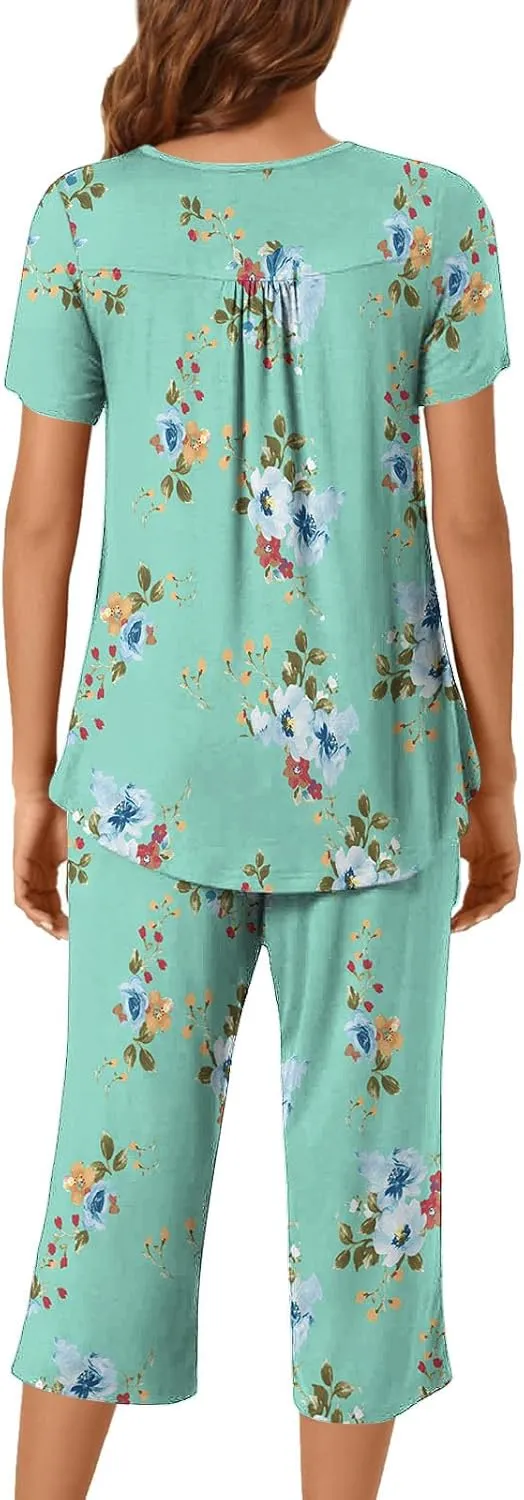 Women's Sleepwear Capri Pajama Sets Short Sleeve Two-Piece Pjs Round Neck Pleated Tops and Capri Pants with Pockets