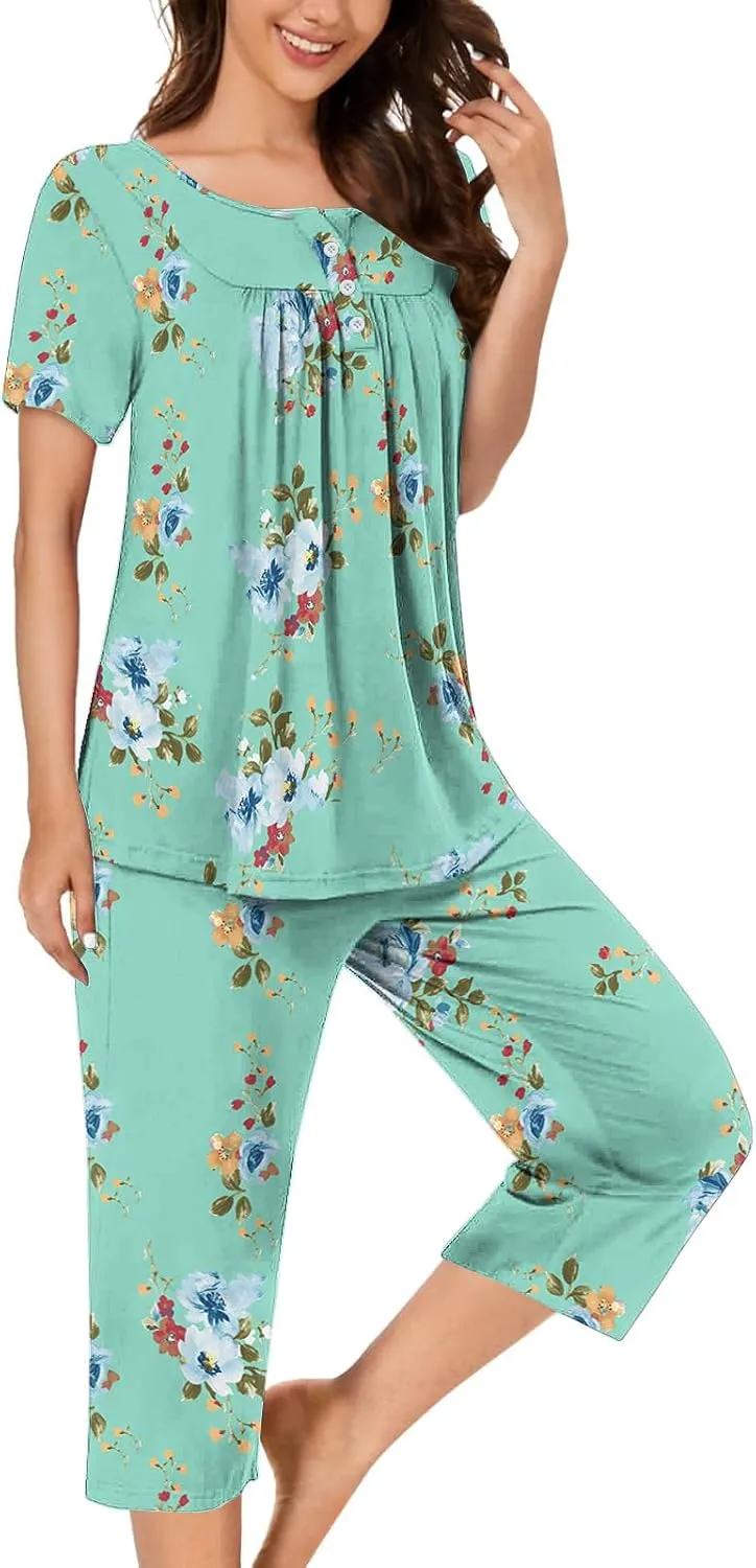 Women's Sleepwear Capri Pajama Sets Short Sleeve Two-Piece Pjs Round Neck Pleated Tops and Capri Pants with Pockets