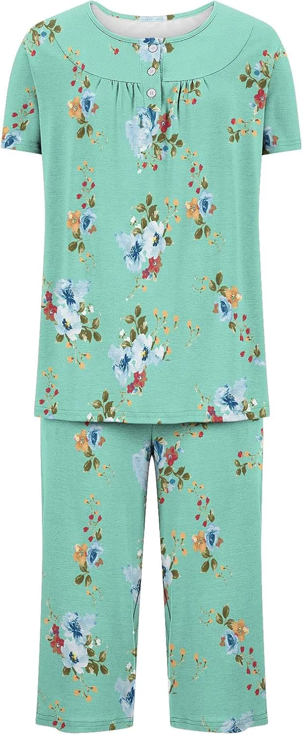 Women's Sleepwear Capri Pajama Sets Short Sleeve Two-Piece Pjs Round Neck Pleated Tops and Capri Pants with Pockets
