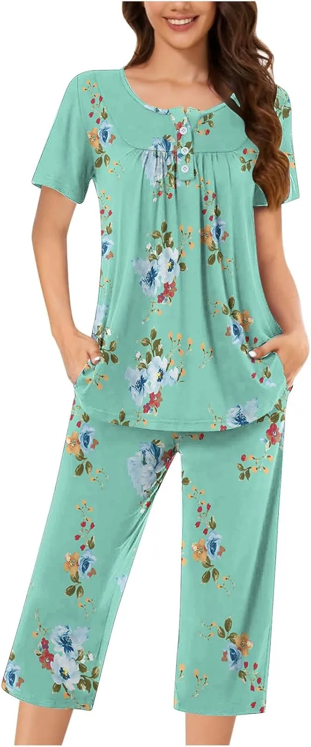 Women's Sleepwear Capri Pajama Sets Short Sleeve Two-Piece Pjs Round Neck Pleated Tops and Capri Pants with Pockets