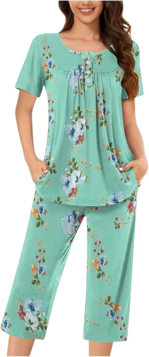 Women's Sleepwear Capri Pajama Sets Short Sleeve Two-Piece Pjs Round Neck Pleated Tops and Capri Pants with Pockets