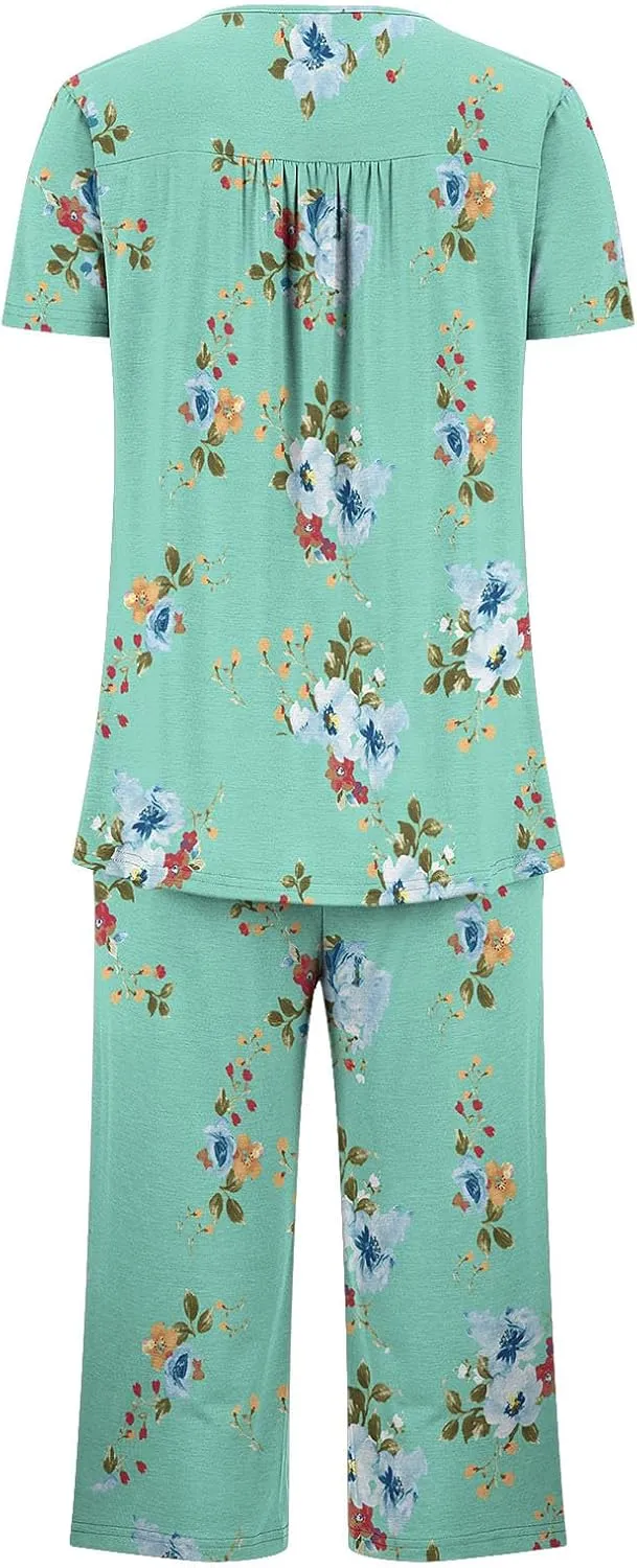 Women's Sleepwear Capri Pajama Sets Short Sleeve Two-Piece Pjs Round Neck Pleated Tops and Capri Pants with Pockets