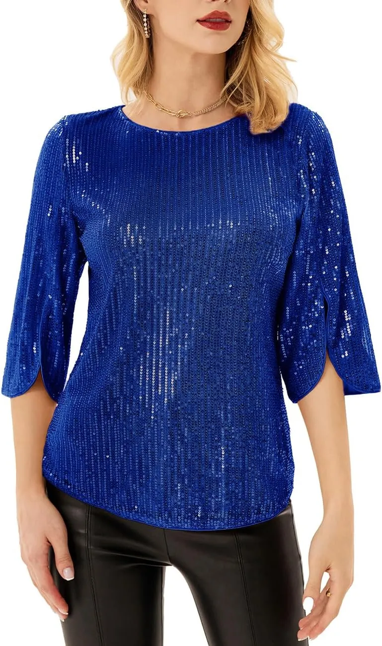 Women's Sparkle Sequin Party Blouse Tops Shimmer Glitter 3/4 Slit Sleeve Dressy Tops